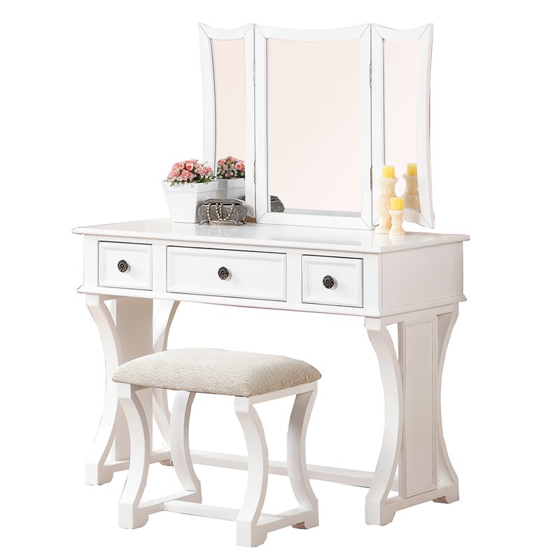 Poundex Furniture Wood Vanity Set with Stool and Mirror in White