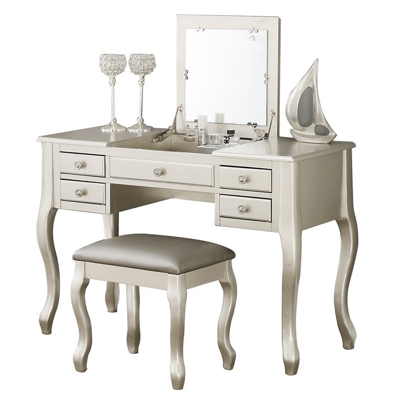Poundex Furniture Wood Vanity Set with Stool and Mirror in Silver