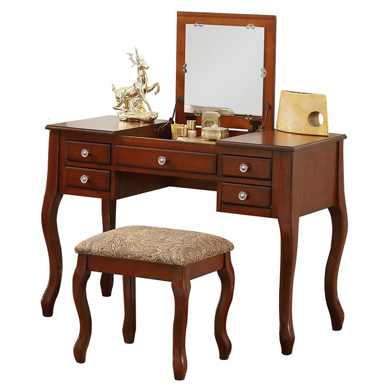 Poundex Furniture Wood Vanity Set with Stool and Mirror in Cherry