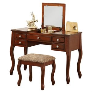 Poundex Furniture Wood Vanity Set with Stool and Mirror in Cherry