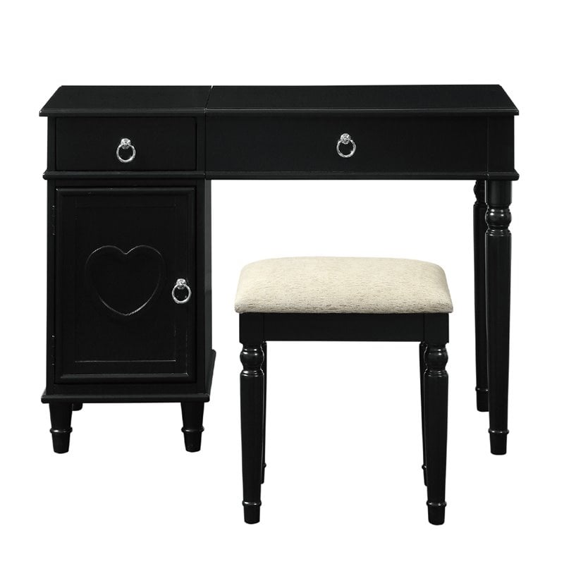 Poundex Furniture Wood Vanity Set with Stool and Mirror in Black