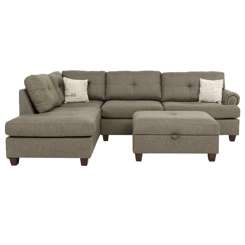 Poundex 3 Piece Fabric Sectional Sofa Set with Storage Ottoman in Light Coffee
