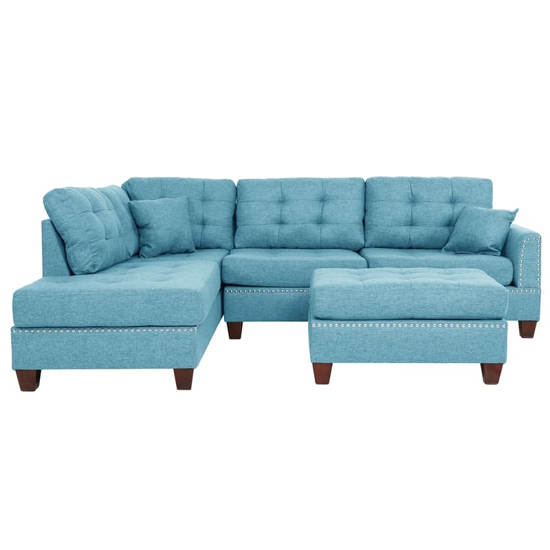 Poundex 3 Piece Fabric Sectional Sofa Set with Ottoman in Blue Gray
