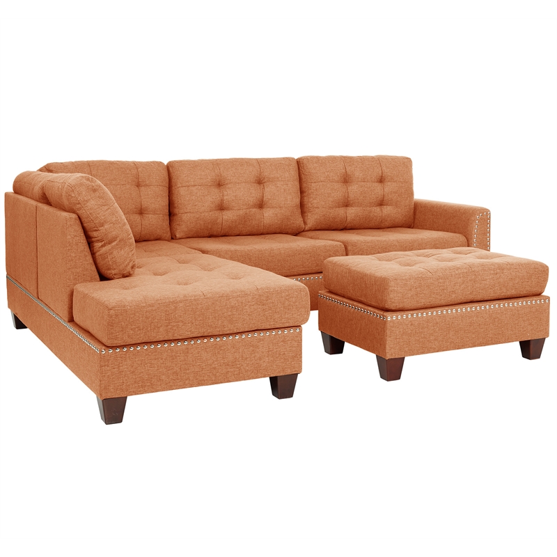 Poundex 3 Piece Fabric Sectional Sofa Set with Ottoman in Citrus Orange