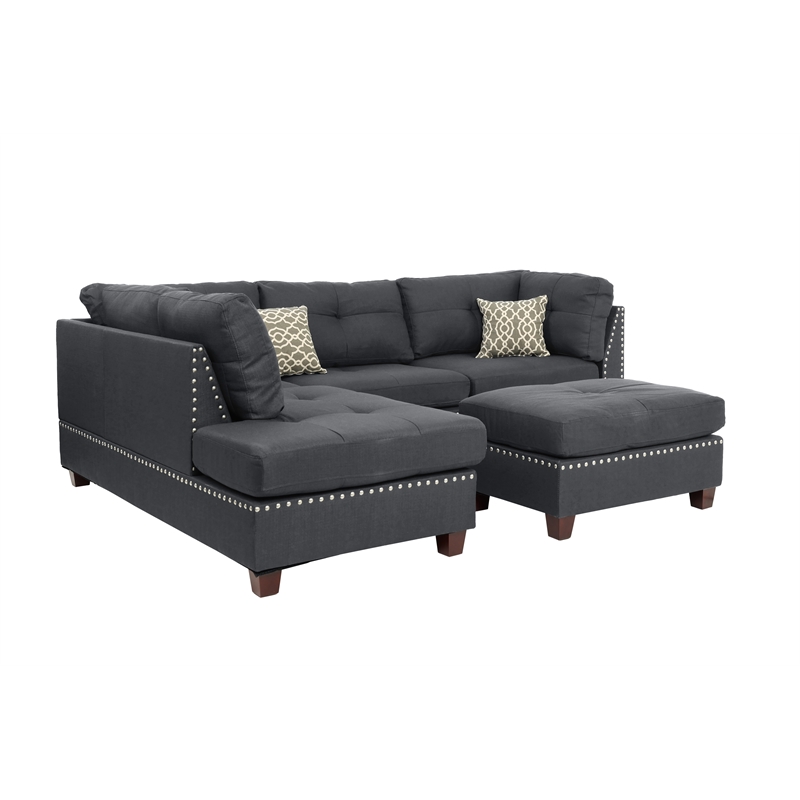 Poundex 3 Piece Fabric Sectional Sofa Set with Ottoman in Blue Gray