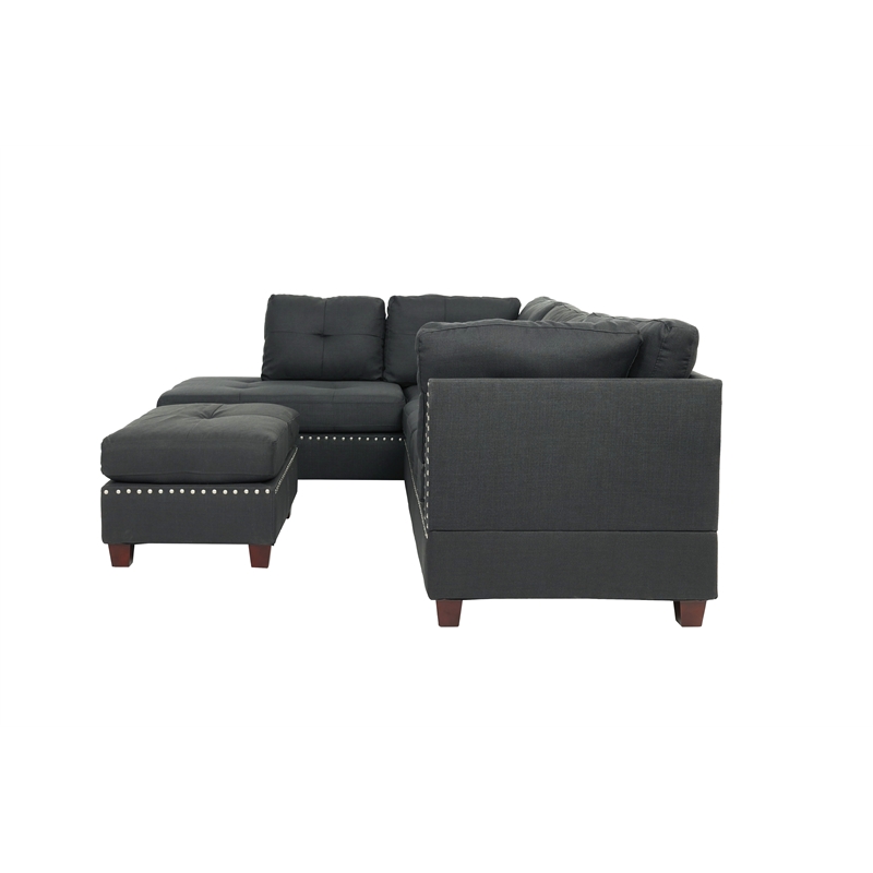 Poundex 3 Piece Fabric Sectional Sofa Set with Ottoman in Blue Gray