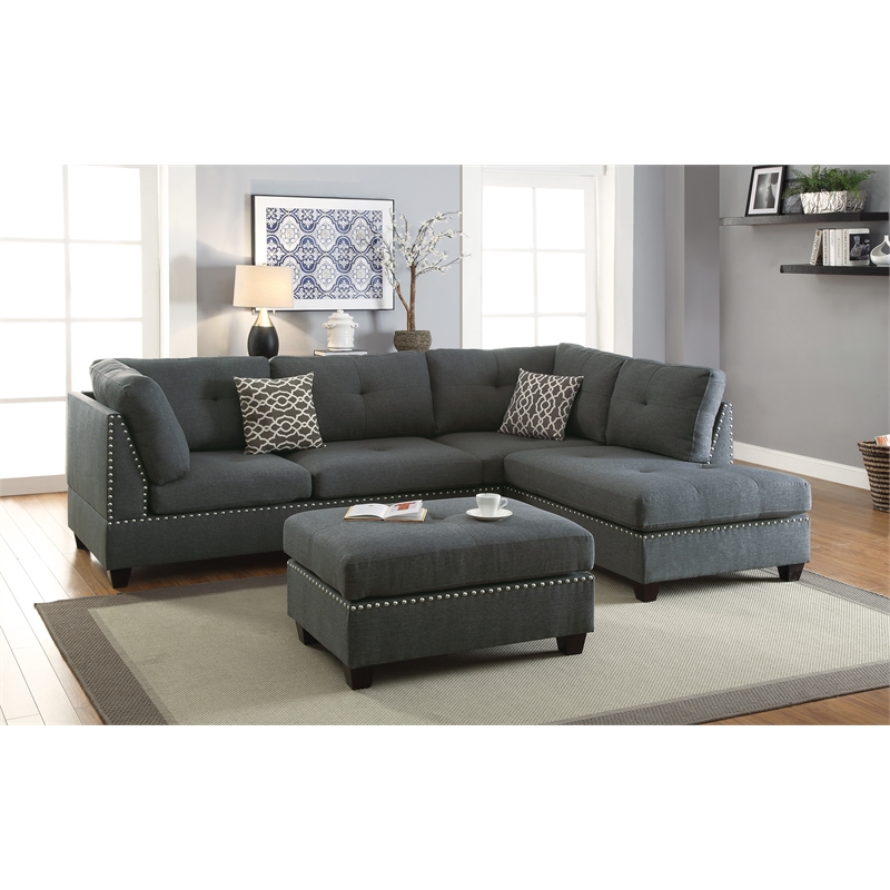 Poundex 3 Piece Fabric Sectional Sofa Set with Ottoman in Blue Gray