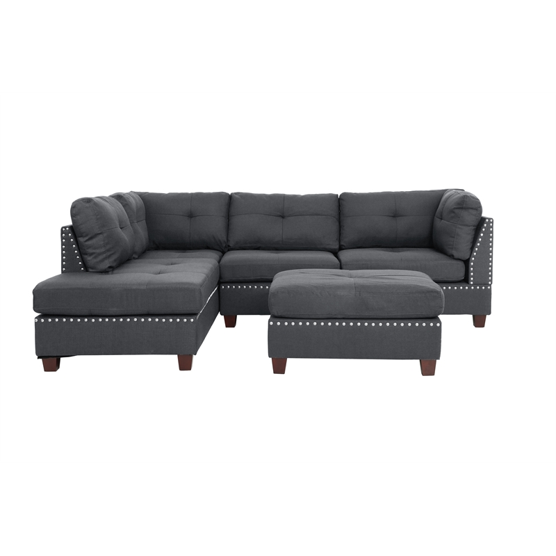 Poundex 3 Piece Fabric Sectional Sofa Set with Ottoman in Blue Gray