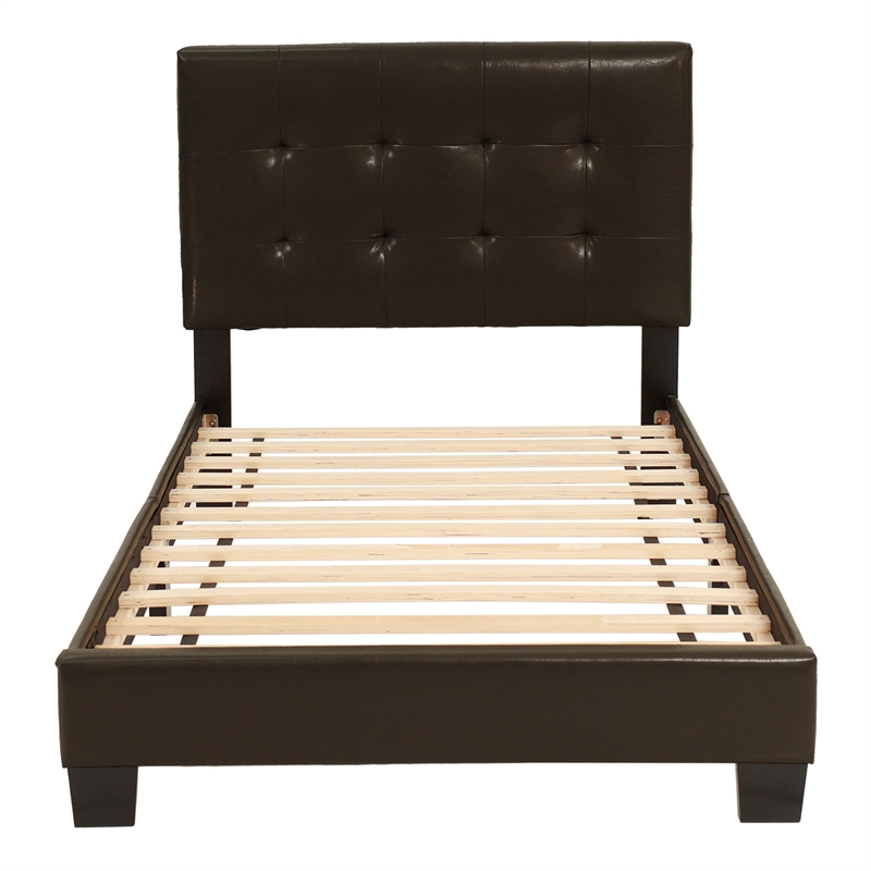 Poundex Furniture Twin Faux Leather Bed Frame with Slats in Brown