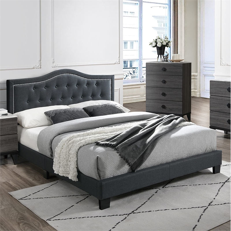 Poundex Twin Burlap Fabric Upholstered Bed Frame with Slats in Charcoal