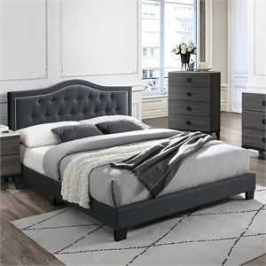 Poundex Twin Burlap Fabric Upholstered Bed Frame with Slats in Charcoal