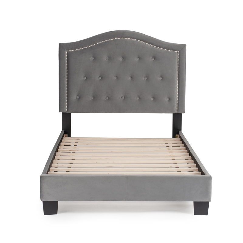 Poundex Twin Velvet Fabric Upholstered Bed Frame with Slats in Gray