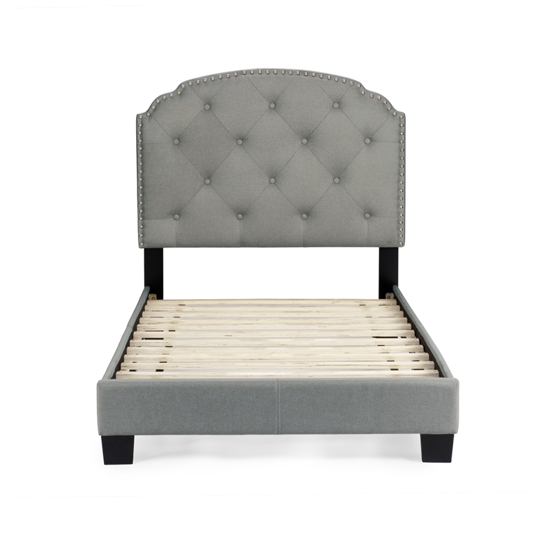Poundex Twin Burlap Fabric Upholstered Bed Frame with Slats in Light Gray