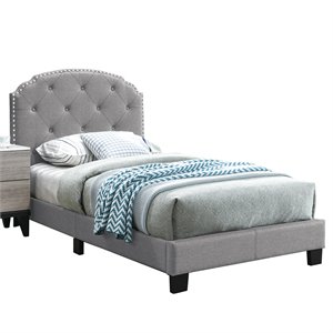 Poundex Twin Burlap Fabric Upholstered Bed Frame with Slats in Light Gray