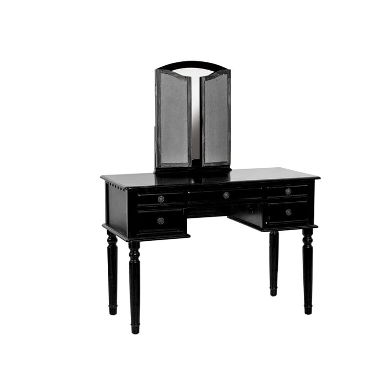 Poundex Furniture Wood Vanity Set with Mirror and Stool in Black Color