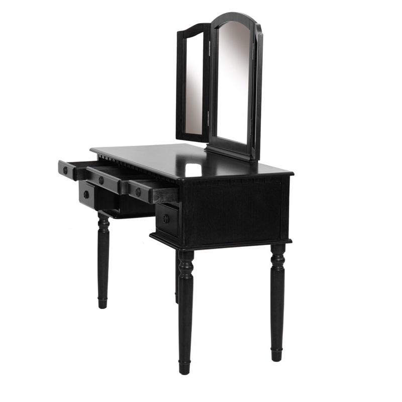 Poundex Furniture Wood Vanity Set with Mirror and Stool in Black Color