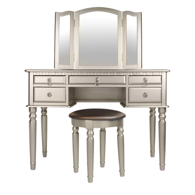 Poundex Furniture Wood Vanity Set with Mirror and Stool Silver Color