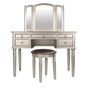Poundex Furniture Wood Vanity Set with Mirror and Stool Silver Color
