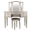 Poundex Furniture Wood Vanity Set with Mirror and Stool Silver Color