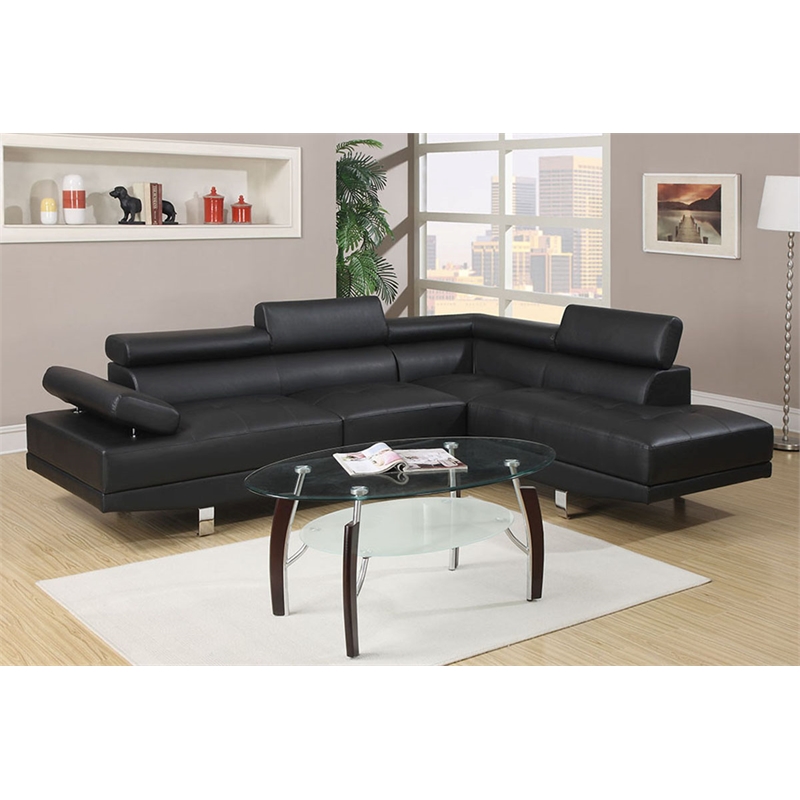 Poundex Furniture 2 Piece Faux Leather Sectional Sofa Set in Black