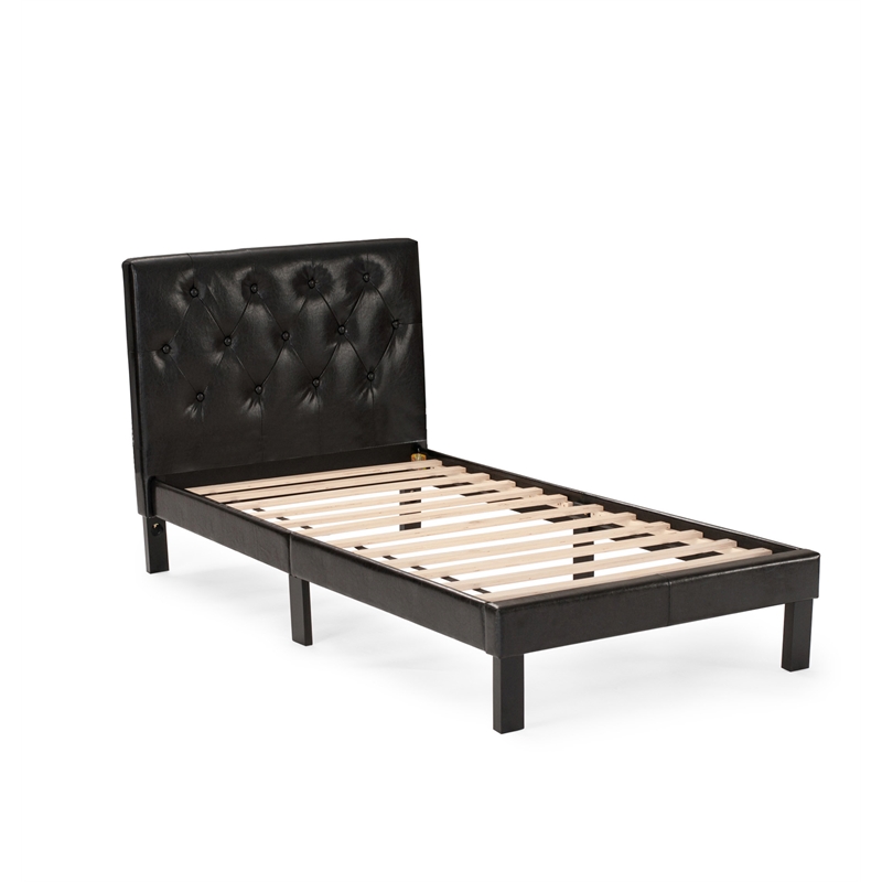 Poundex Furniture Twin Upholstered Bed Frame with Slats in Black Faux Leather