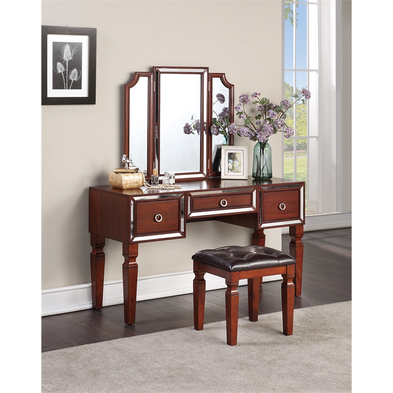 Poundex Wooden Makeup Vanity Set with Tri-fold Mirror and Stool - Cherry