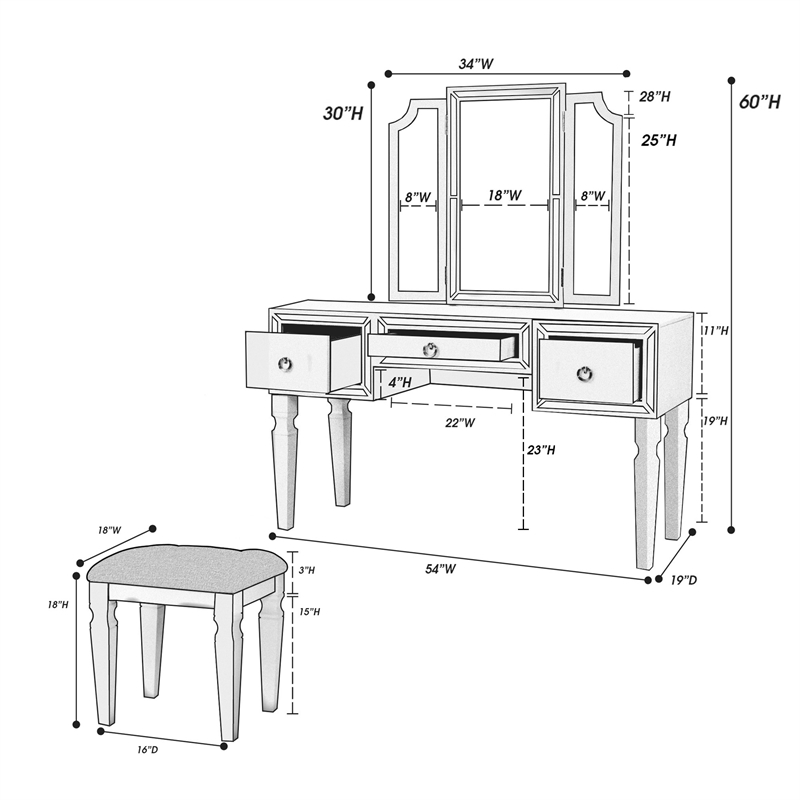Poundex Wooden Makeup Vanity Set with Tri-fold Mirror and Stool - Cherry