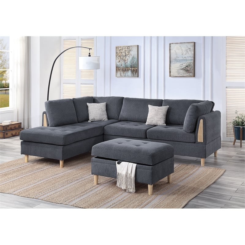 Poundex Furniture Chenille 3 piece Sectional in Charcoal Color