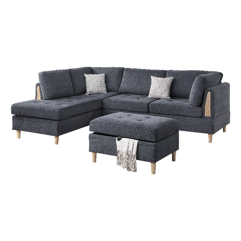 Poundex Furniture Chenille 3 piece Sectional in Charcoal Color