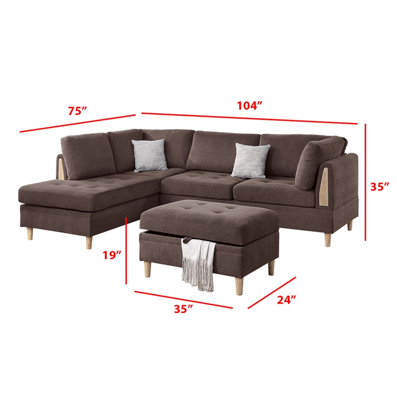 Poundex Furniture Chenille 3-Pc Sectional in Chocolate Color