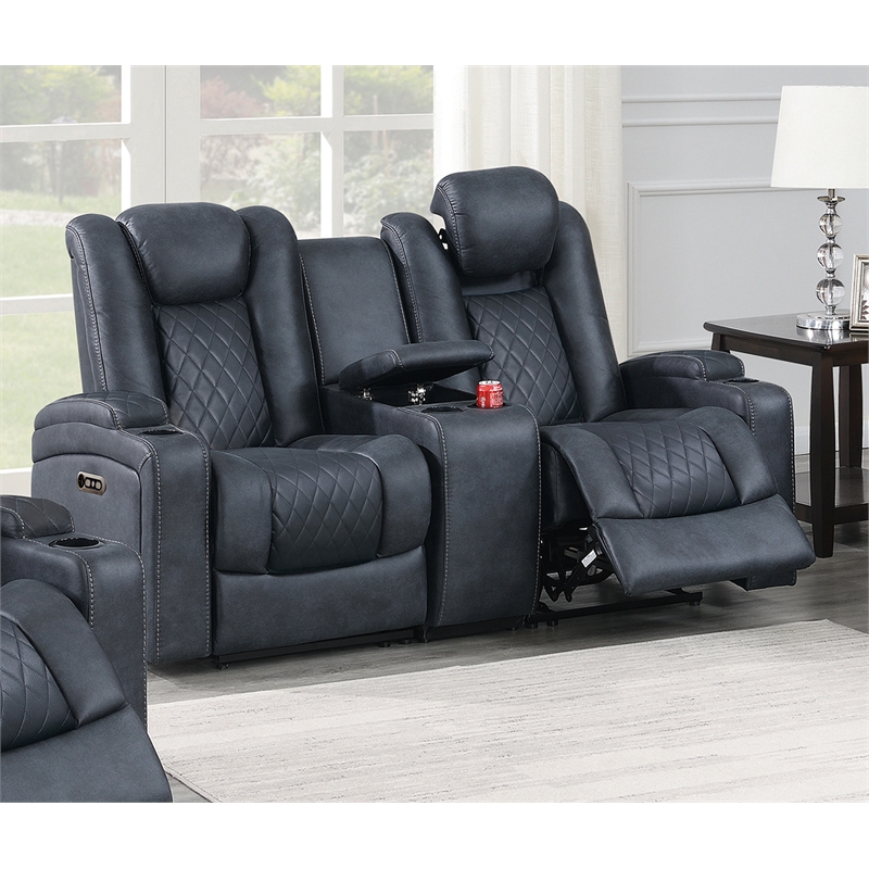 Poundex Furniture Breathable Leatherette Loveseat Recliner in Ink Blue