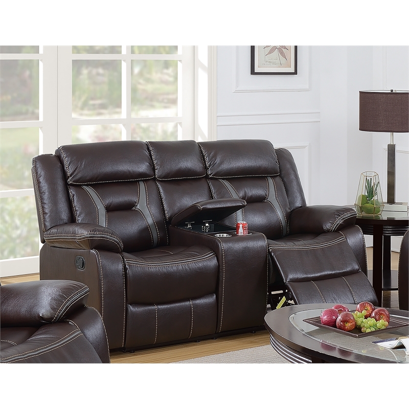 Poundex Furniture Gel Leatherette Loveseat Recliner in Dark Brown