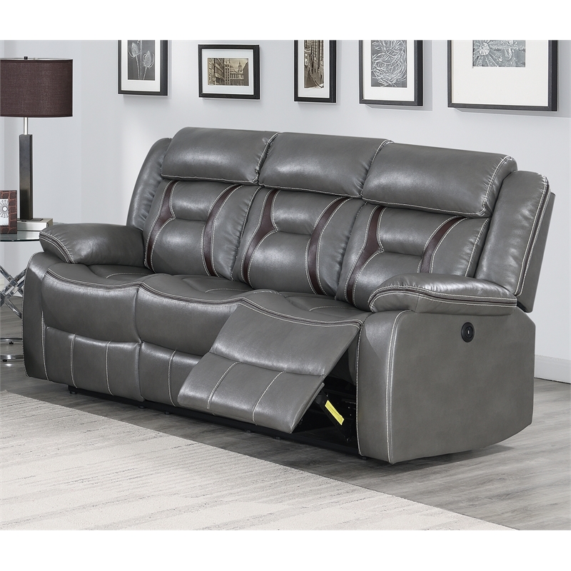 Poundex  Furniture  Gel  Leatherette  Sofa  Recliner  in  Gray