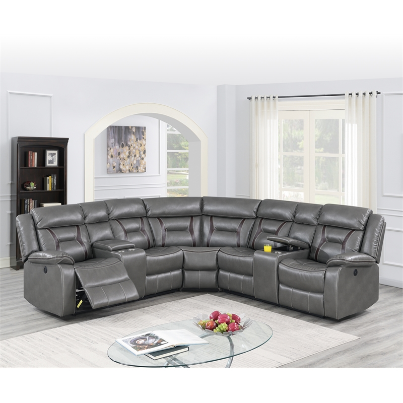 Poundex Furniture Multi Seater Gel Leatherette Motion Sectional in Gray