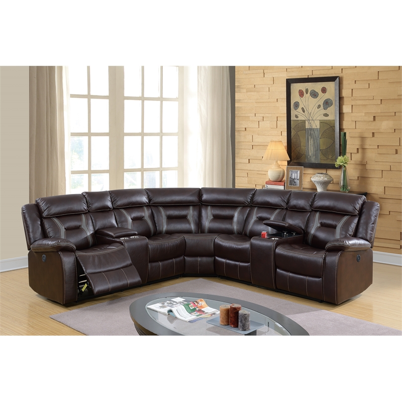 Poundex Furniture Gel Leatherette Motion Sectional in Dark Brown