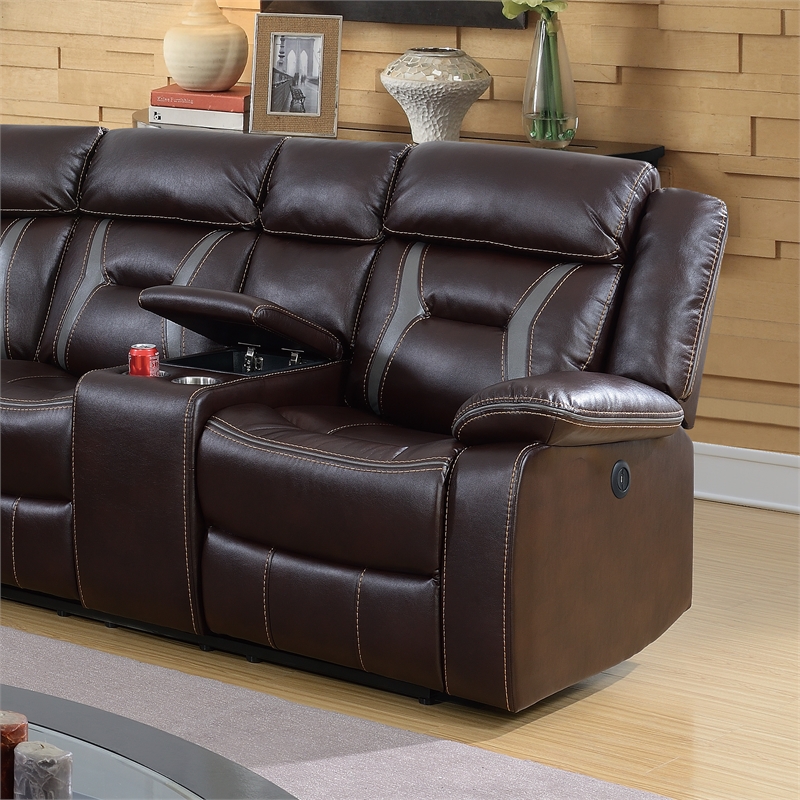 Poundex Furniture Gel Leatherette Motion Sectional in Dark Brown