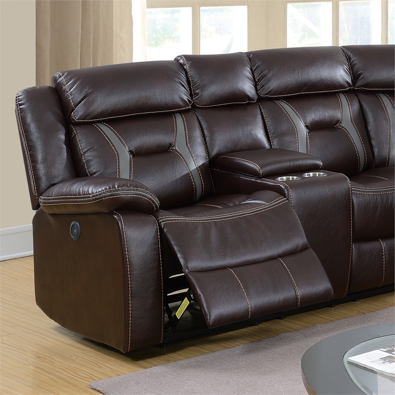 Poundex Furniture Gel Leatherette Motion Sectional in Dark Brown