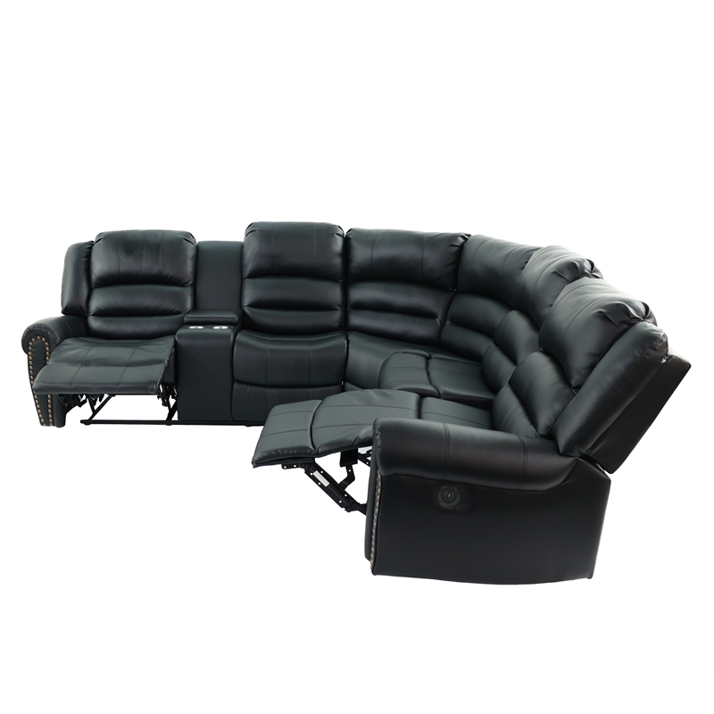 Poundex Furniture Multi Seater Bonded Leather Motion Sectional in Black