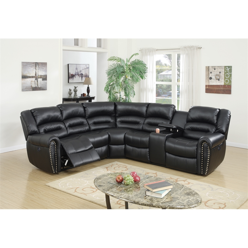 Poundex Furniture Multi Seater Bonded Leather Motion Sectional in Black