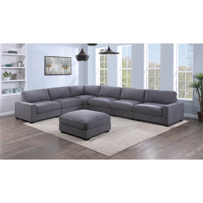 Poundex 7-Pcs XL Dark Gray Corduroy Modular Sectional Set with Foam Cushions