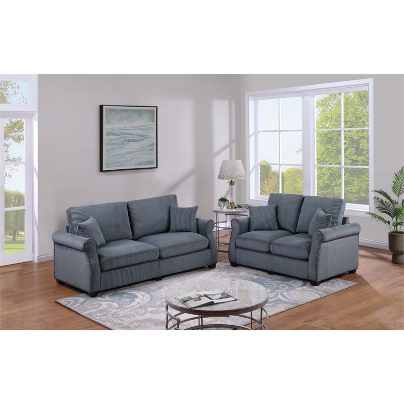 Poundex Upholstered Sofa and Loveseat Set in Dark Gray Foam Corduroy