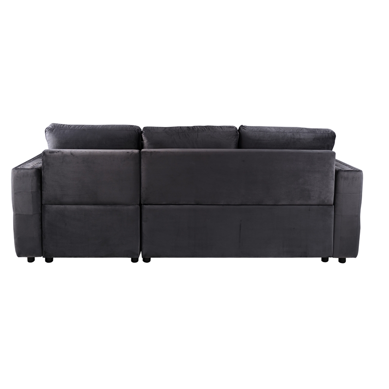 Poundex Upholstered Velvet Reversible Chaise Convertible Sectional in Black