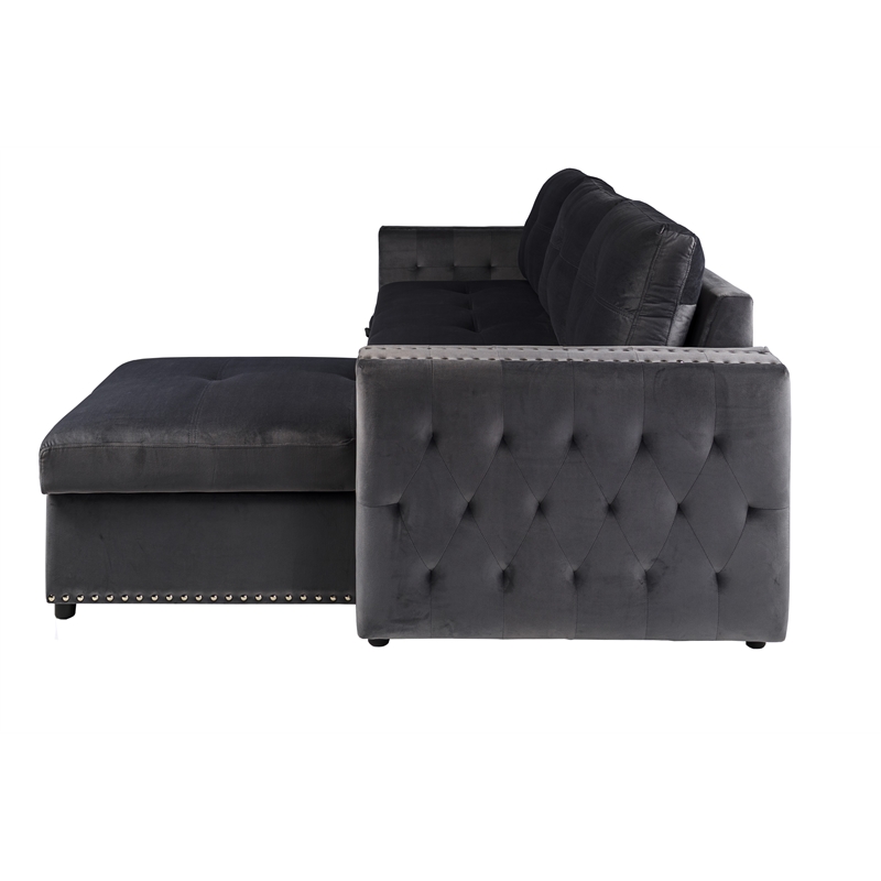 Poundex Upholstered Velvet Reversible Chaise Convertible Sectional in Black