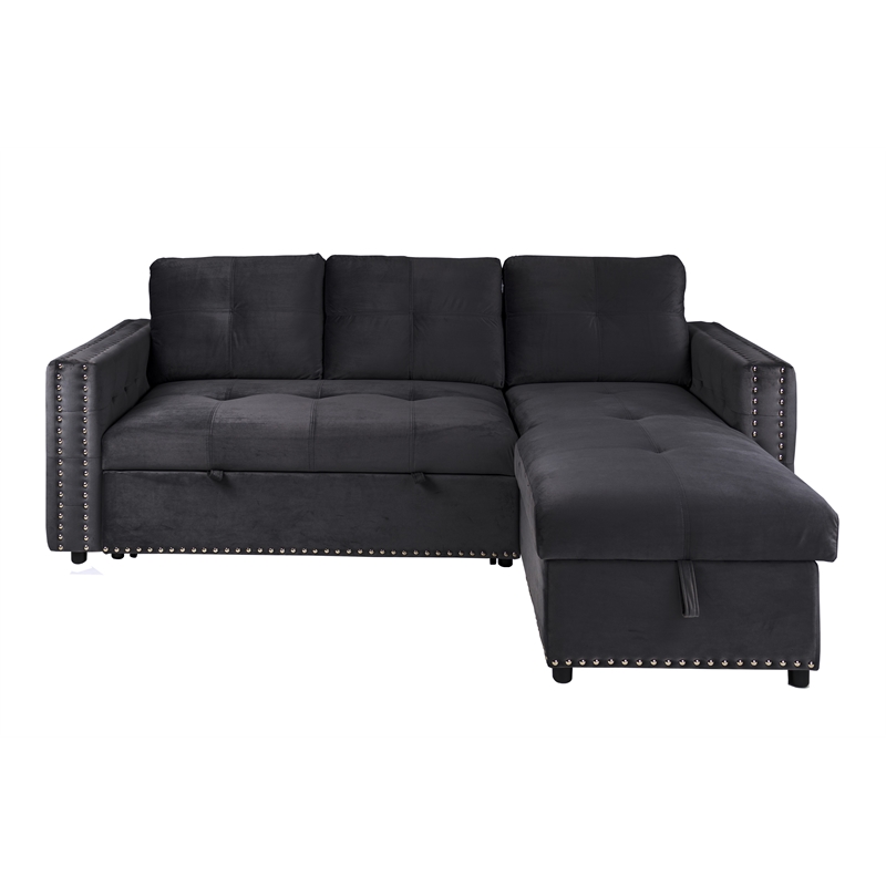 Poundex Upholstered Velvet Reversible Chaise Convertible Sectional in Black