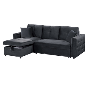 Poundex Upholstered Velvet Reversible Chaise Convertible Sectional in Black