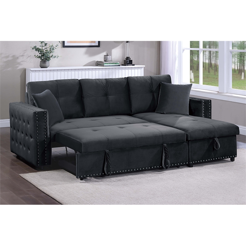 Poundex Upholstered Velvet Reversible Chaise Convertible Sectional in Black