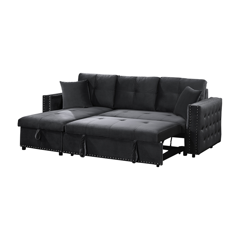 Poundex Upholstered Velvet Reversible Chaise Convertible Sectional in Black