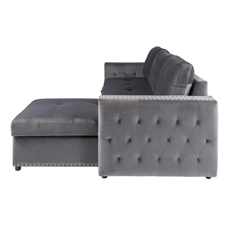 Poundex Upholstered Velvet Reversible Chaise Convertible Sectional in Gray