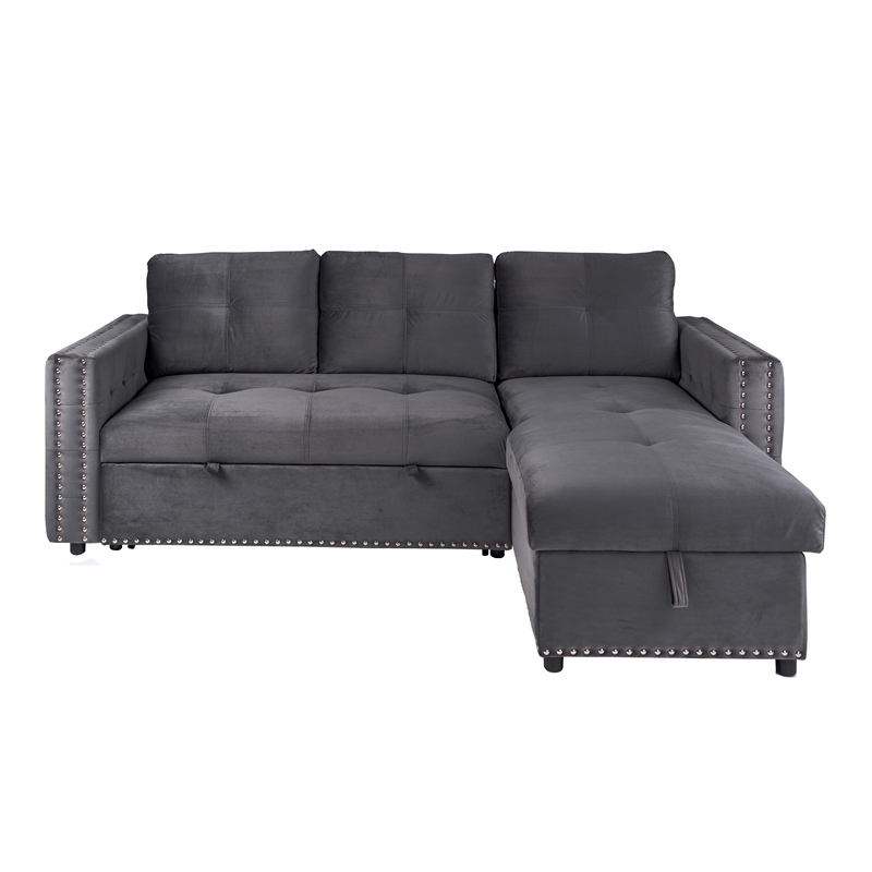 Poundex Upholstered Velvet Reversible Chaise Convertible Sectional in Gray