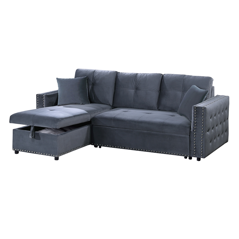 Poundex Upholstered Velvet Reversible Chaise Convertible Sectional in Gray